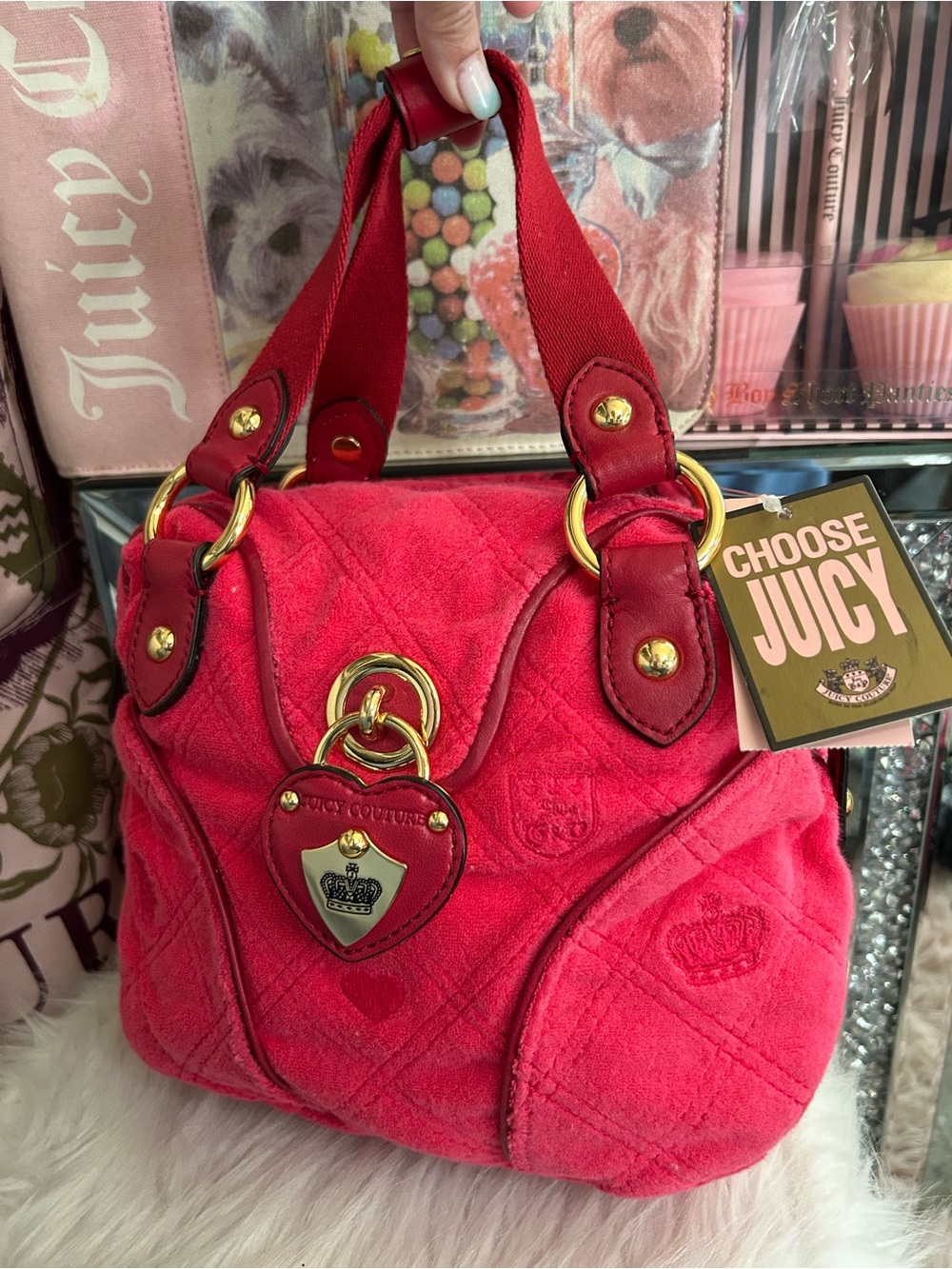 NWT Y2K 2010 Vintage Juicy Couture Pink Crown Crest Monogram Bag Heart Padlock